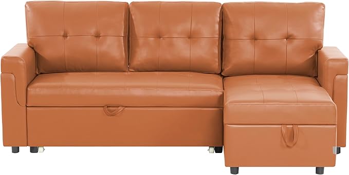 Naomi Home 85 in. Convertible Sofa with Storage Reversible L Shape Sofa Couch with Chaise Comfy Couches for Living Room Caramel/Air Leather