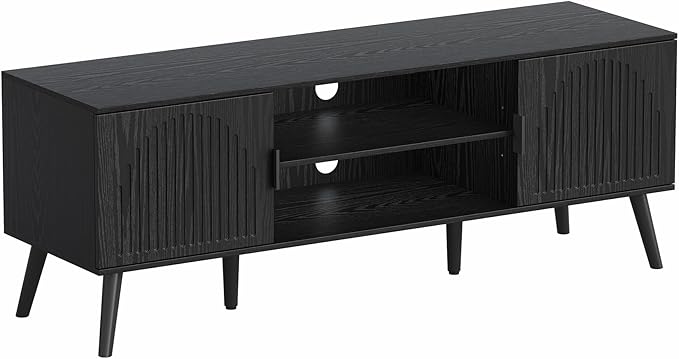 ChooChoo TV Stand for 55/60 Inch TV Mid Century Modern TV Stand Entertainment Center with Storage Cabinet and Open Shelves TV Console Table Media Cabinet for Living Room and Bedroom Black