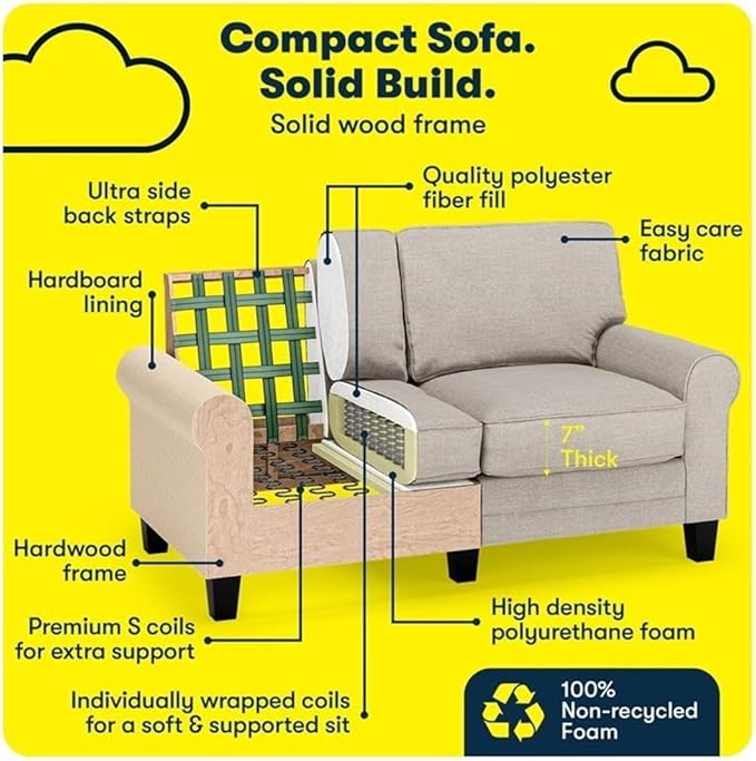 BOWERY HILL 61 Rolled Arm Loveseat Sofa Light Gray Upholstered Anti-Pilling Polyester Fabric Removable Covers Compact Modern Design Solid Wood Frame Living Room Two-Seater Couch