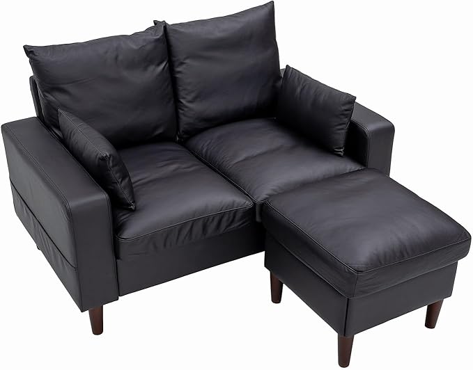 Panana Convertible Sectional Sofa CouchL-Shaped 2 or 3-Seat Sofa Sectional with Reversible Ottoman for Small Living Room Apartment (Black Leather Look Fabric 2 Seater with Ottoman - Track arms)