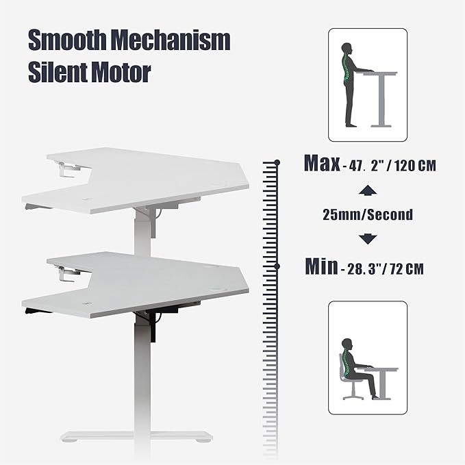 Pemberly Row Corner Electric Height Adjustable L-Shaped Standing Desk Wood and Metal Construction White Finish 47 x 67 in Large Workspace Cable Management Home Office Desk for Sitting or