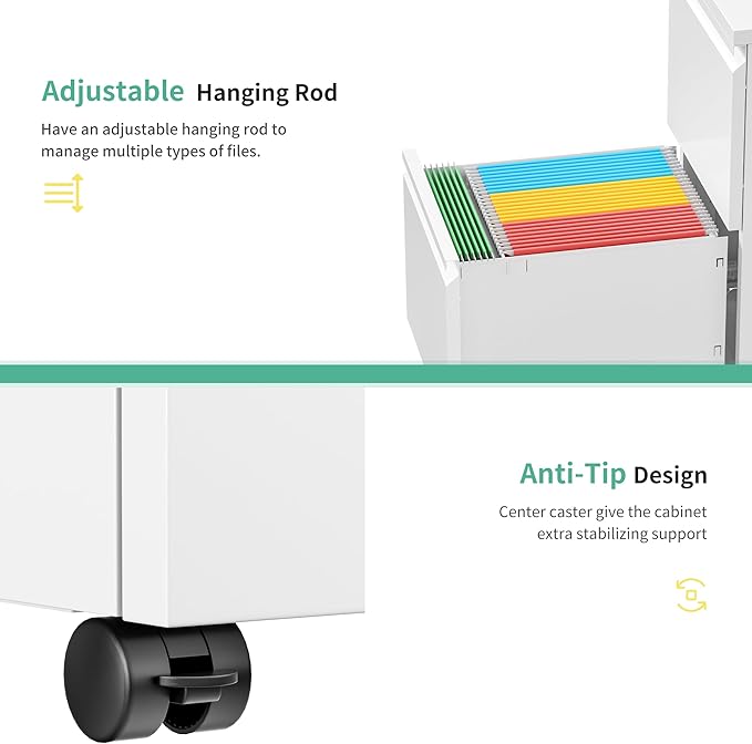 Bonusall 2 Drawer File Cabinet Metal Rolling File Cabinet with Lock Filing Cabinets for Home Office Fit A4/Letter/Legal Easy Assembled White