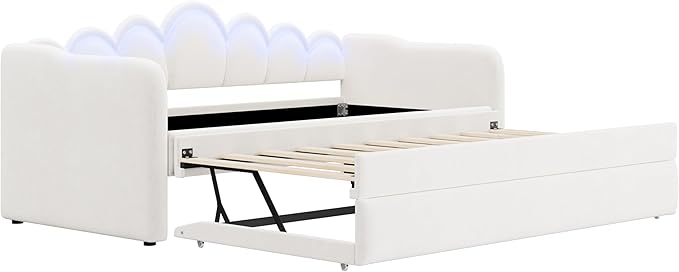 Bellemave Twin XL Size Upholstered Velvet Daybed with Trundle &amp Adjustable 7-Color LED Lights Trundle Can be Flat or Erected Space-Saving Guest Bed No Box Spring NeededWhite