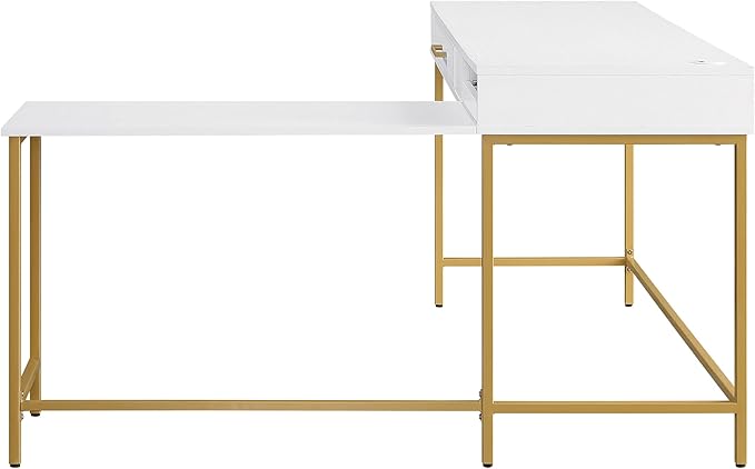 OSP Home Furnishings Modern Life Contemporary L-Shaped Desk with Large Drawer and Built-in Power Charging Port White