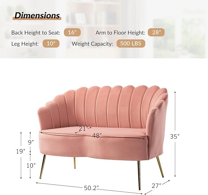Velvet Upholstered Loveseat Sofa with Gold Metal Legs Modern Comfy Small Love Seat with Flower Shaped Back 2-Seater Sofa Accent Couch for Living Bedroom Leisure Areas