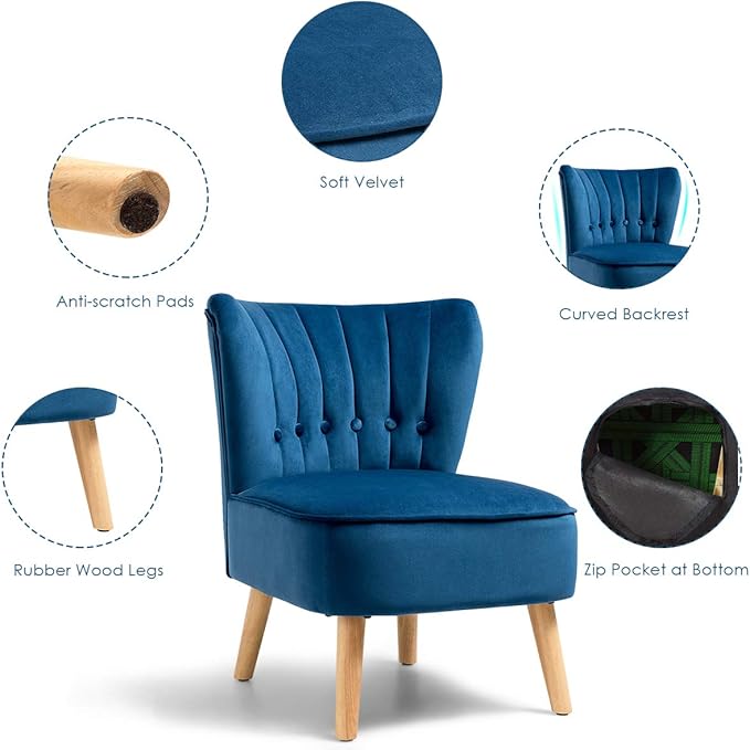 Giantex Modern Velvet Accent Chair Small Upholstered Leisure Sofa Chair w/Wood Legs Thickly Padded and Button Tufted Armless Wingback Club Chairs for Living Room Bedroom Furniture (1 Blue)
