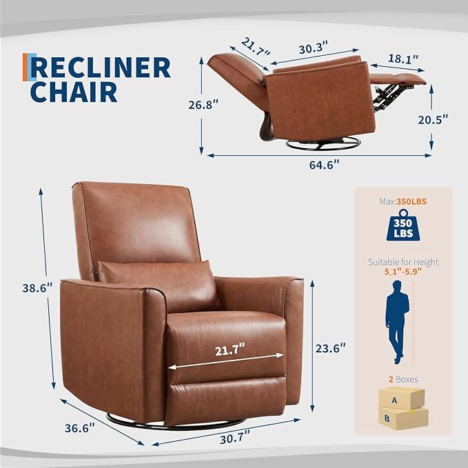 Swivel Rocking Nursery Recliner Chair Glider Rocker Recliner with High Backrest &amp Deep Seat PU Leather Sofa Chair for Nursery Living Room Bedroom and Home Theater Brown