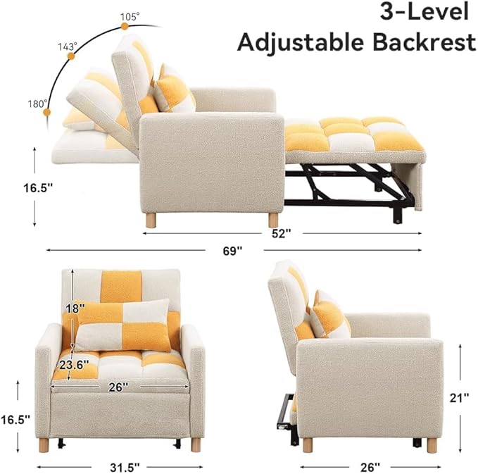 Convertible Sleeper Sofa Chair Bed3-in-1 Sleeper Chair Bed with PillowPull Out Single Armchair Sofa Bed with Adjustable Backrest Multi-Functiona Lounge Chair for Living Room (Yellow)