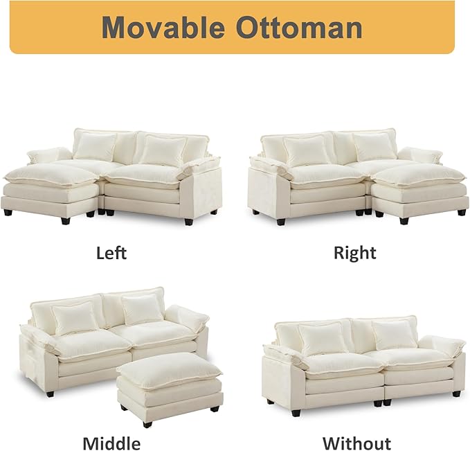 Modular Sectional Sofa 86 L Shaped Couch Set with Movable Ottoman Chenille Comfy Cloud Couch Sectional Set Extra Deep Seat Sofa with 2 Pillows for Living Room (White 2-Seat &amp 1-Ottoman)