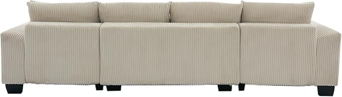114 U-Shaped Sleeper Sofa with Pull Out Bed 3 in 1 Convertible Couch Bed Oversized Sectional Modular with Chaise Lounge Modern Comfy Plush Corduroy Black Couches for Living Room (Beige)