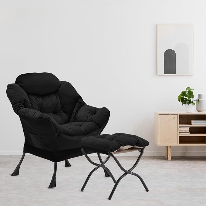 Lazy Chair with Folding Ottoman Accent Chair Velvet Upholstered with Metal Structure and Non-Slip Pads Sofa Armchair with Footrest and Side Storage Bag for Dorm Room Office Black