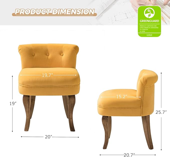 HULALA HOME Velvet Vanity Chairs with Low Back Modern Vanity Stool with Solid Wood Legs Small Upholstered Makeup Chair for Bedroom Living Room Dressing Women Girls Set of 2 Mustard