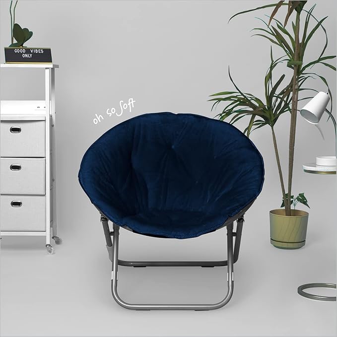 Urban Lifestyle Super Soft Faux Fur Saucer Chair with Folding Metal Frame Navy 29X32X22