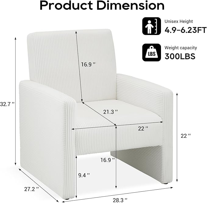 FUNKEEN Mid Century Modern Accent Chair for Living Room Small Comfy Corduroy Reading Chair for Bedroom with Solid Wood Frame 105° Ergonomic Cozy Lounge Armchairs for Adults – White