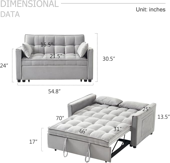 Futon Sofa Bed 3 in 1 Sleeper Sofa Couch Bed with Armrests Storage Pockets and 2 Pillows Adjustable Backrest Sofa Bed Couch for Living Room Bedroom OfficeReading Room(Grey)