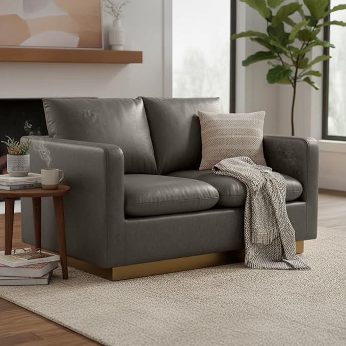LeisureMod Nervo Modern Upholstered Leather Loveseat Sofa 2-Seater Living Room Couch with Gold Metal Base and Removable Cushions Small Space Furniture for Living Room Office Waiting Area Grey