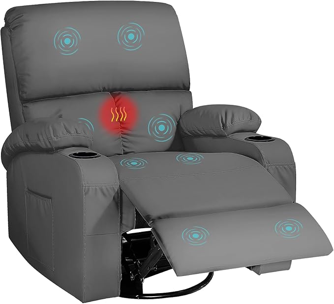 LEVELEVE Rocking Recliner Chair Massage Rocker Recliner Chair with Vibration Massage and Heat 360° Swivel Faux Leather Chairs Living Room Bedroom Nursery RV Dark Grey