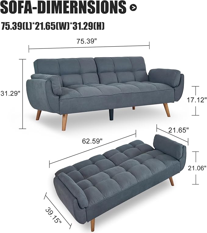 Convertible futon Sofa Bed Sleeper Sofa Bed with Adjustable backrest Small Space Small Sofa Living Room Bedroom (Dark Gray)