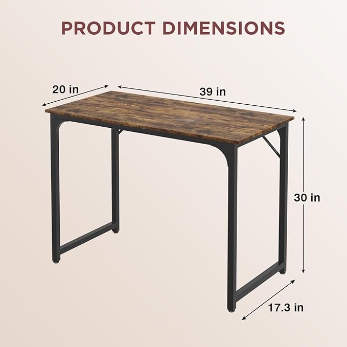 39 inch Computer Desk for Small Spaces Wood Desk Office Desk Writing Desk with Metal Frame &amp Adjustable Feet Modern Simple Computer Table PC Desk for Bedroom Home Office Brown Desk