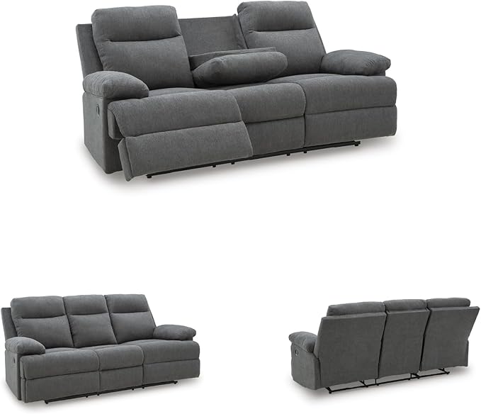 Signature Design by Ashley Yarrow Lane Classic Chenille Manual Pull Tab Reclining Sofa with Drop Down Table and USB Charging Gray