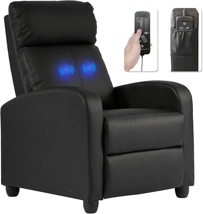 BestMassage | Recliner Chair | with 2 Point Massage Function | Black | with Lumbar Support Adjustable Push Back Wide Armrests Footrest &amp Padded Seat | Easy Assembly | for Living Room Home Thea
