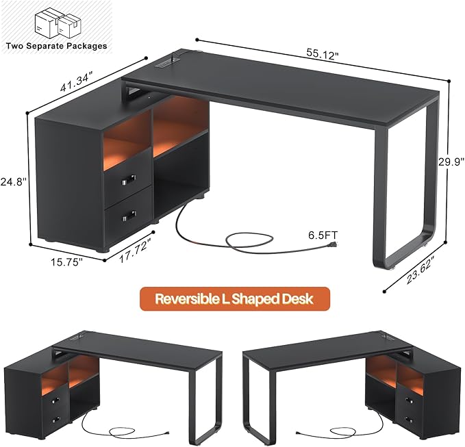 Homieasy L Shaped Desk with File Cabinet &amp Power Outlet Reversible 55 Inch Large Corner Computer Desks with LED Strip L-Shaped Computer Desk with Drawers and Storage Shelves Black
