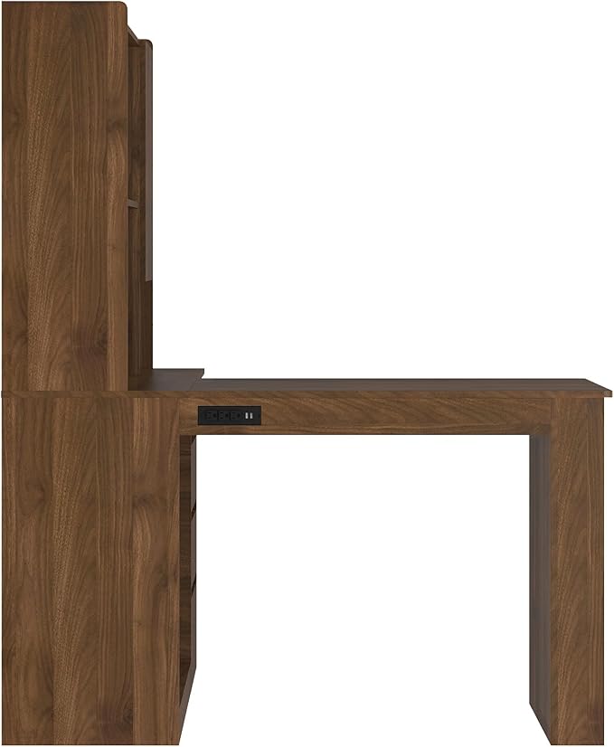 L Shaped Desk Home Office Corner Desk with Hutch &amp Drawers and Bookshelf Modern Study Table Writing Desk with LED Light Gaming Computer Desk with Storage (Wood-Right)
