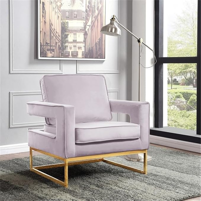 Pemberly Row Modern Pink Velvet Accent Chair 33 W x 29 D x 35 H Gold Stainless Steel Base High-Density Foam Padding Solid Wood Frame Stylish Seating for Living Room or Bedroom