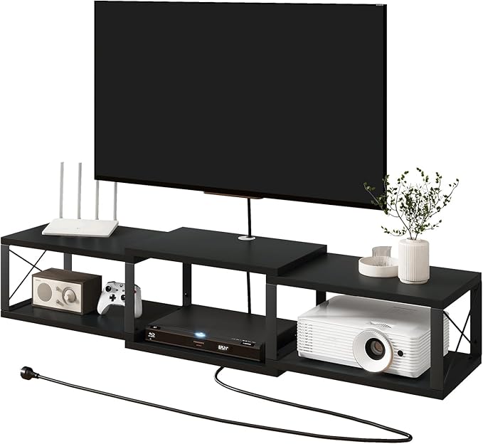 IBUYKE Floating TV Stand with Power OutletWall-Mounted Floating Stand for TVs up to 55Metal Wall Entertainment CenterWall Mounted TV Shelf with Storage for Living Room BedroomBlack UWST011B