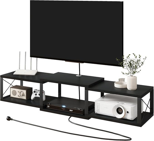 IBUYKE Floating TV Stand with Power OutletWall-Mounted Floating Stand for TVs up to 55Metal Wall Entertainment CenterWall Mounted TV Shelf with Storage for Living Room BedroomBlack UWST011B
