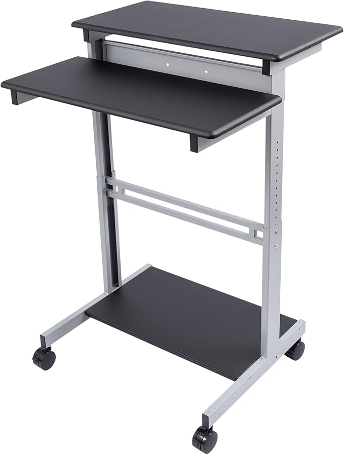 S STAND UP DESK STORE Rolling Adjustable Height Two Tier Standing Desk Computer Workstation (Silver Frame/Black Top 32 Wide)