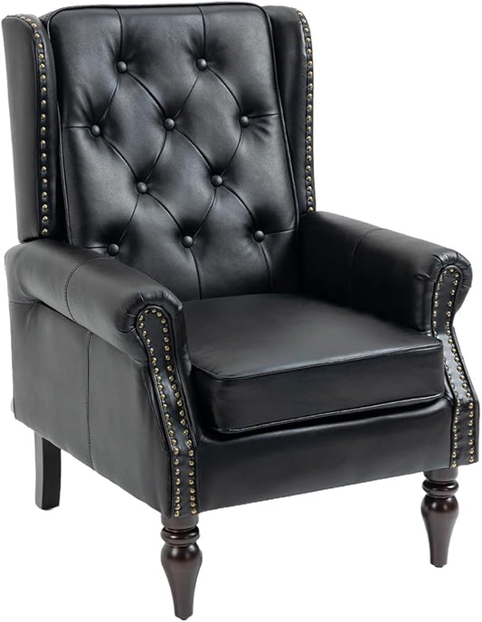 Mid-Century Wingback Chair PU Leather Accent Chair Armchair with ButtonsModern Living Room Chairs with Rivet DecorationLeisure Single Sofa Chair for BedroomClubHome Reception (PU Black)