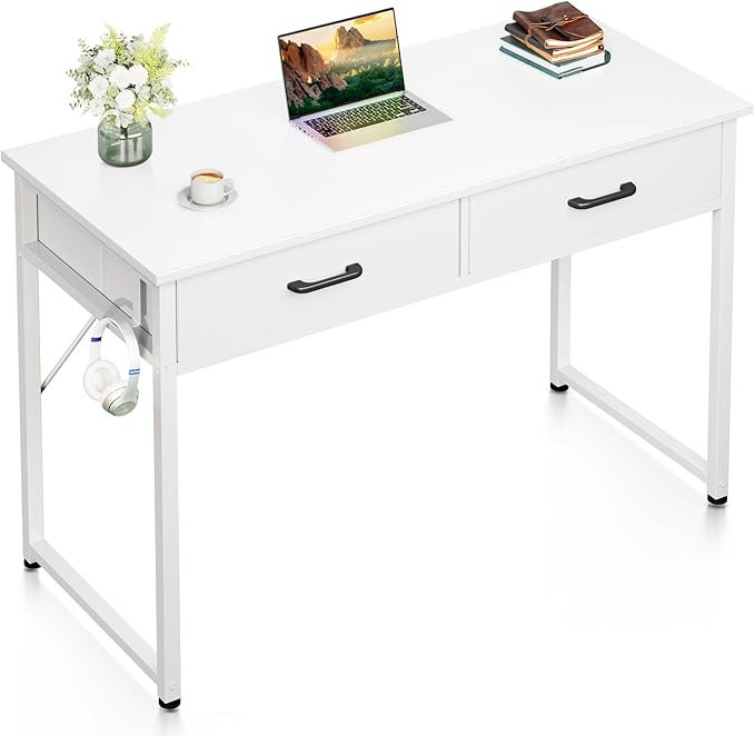 Casaottima 40 Inch Small Office Computer Desk with 2 Drawers &amp Headphone Hook - Compact Writing Desk for Home Office Study or Work Modern Space-Saving Design for Small Spaces White