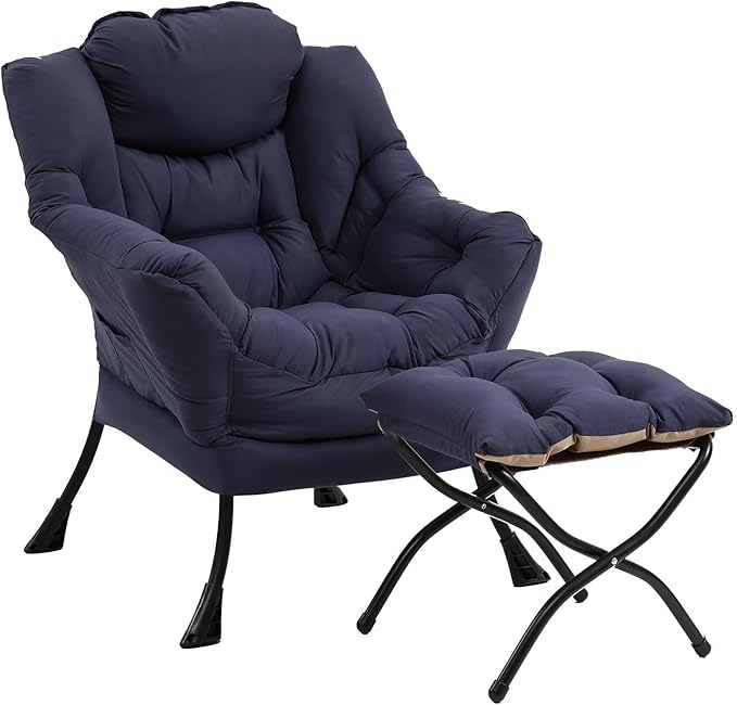 Lazy Chair with Ottoman Modern Accent Chairs with Folding Footrest Navy Blue Sofa Chair Set Comfortable Reading Chairs Oversized Armchairs for Bedroom Study Living Room Courtyard