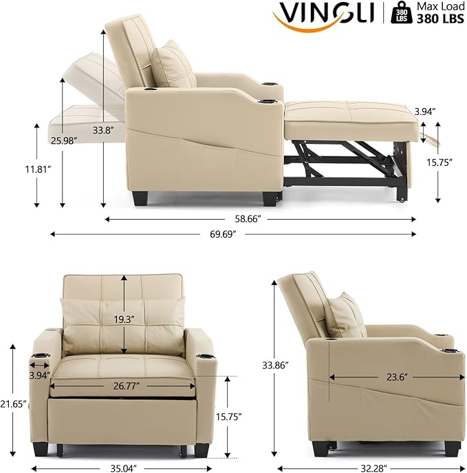 VINGLI Sofa Bed Chair Recliner 3-in-1 Convertible Sleeper Sofa Chair Bed Beige Daybed Pull Out Couch Bed with Adjustable Backrest USB Ports Cup Holders for Small Spaces Living Room