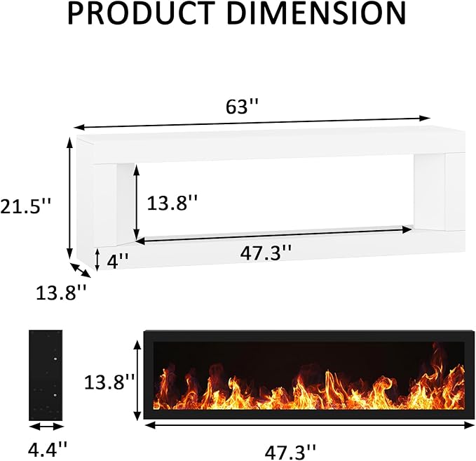 High Gloss Fireplace TV Stand with 47 Electric Fireplace Unheated 63 Entertainment Center with Fireplace Modern Wood TV Console with 12 Electronic Flame Colors for Living Room White