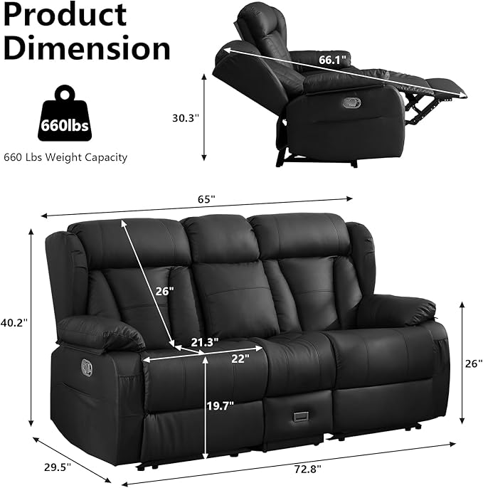 Loveseat Recliner Sofa with Console Flip Middle Backrest Design Manual Reclining Loveseat Sofa with Storage Drawer USB Ports &amp Cup Holders Manual Couch for Living Room Black