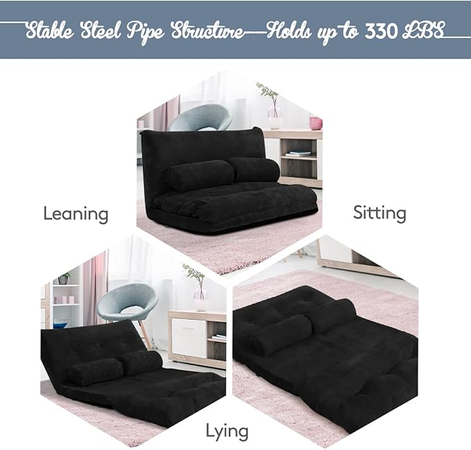 Giantex Adjustable Floor Sofa Couch with 2 Pillows Multi-Functional 6-Position Foldable Lazy Sofa Sleeper Bed Multi-Functional Suede Floor Seating for Reading Gaming (Black)