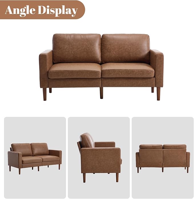 Kingfun 65 Loveseat Sofa Faux Leather Love Seat Couch Mid Century Modern Couch with Solid Wooden Frame for Living Room &amp Bedroom for Small Spaces Brown