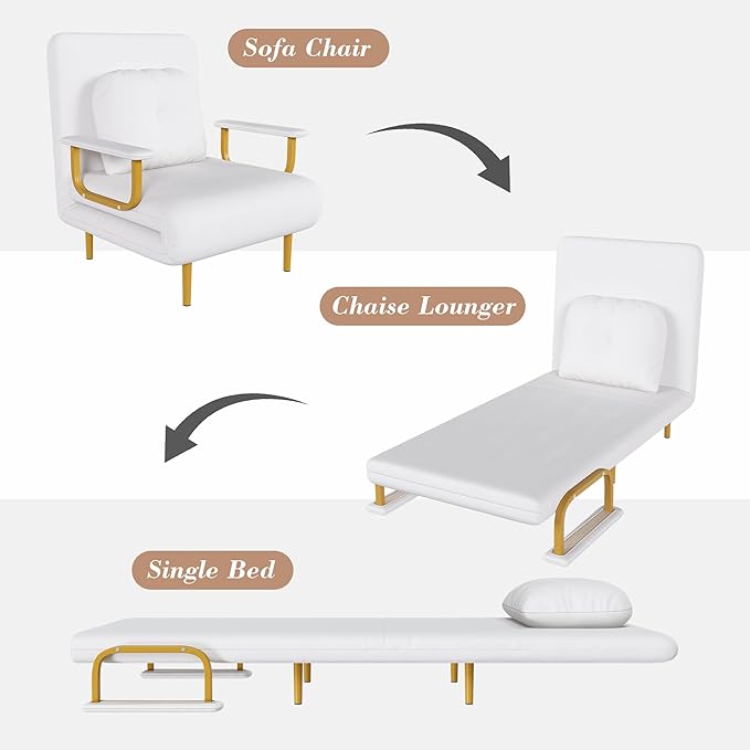 KEIKI Folding Sofa Bed Chair 3 in 1 Convertible Chair 5-Position Sleeper Chair Bed with Adjustable Backrest Space Saving Sofa Couches for Living Room Bedroom Apartment (White 26.5 Wide)
