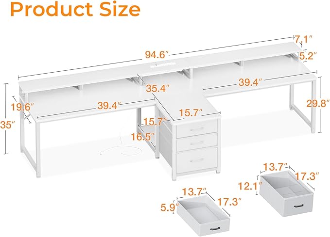 Casaottima 94 Inch 2 Person Home Office Computer Desk with Power Outlet Fabric Drawers &amp File Cabinet Long Writing Desk with Monitor Stand Storage Shelves Study/Work Table White