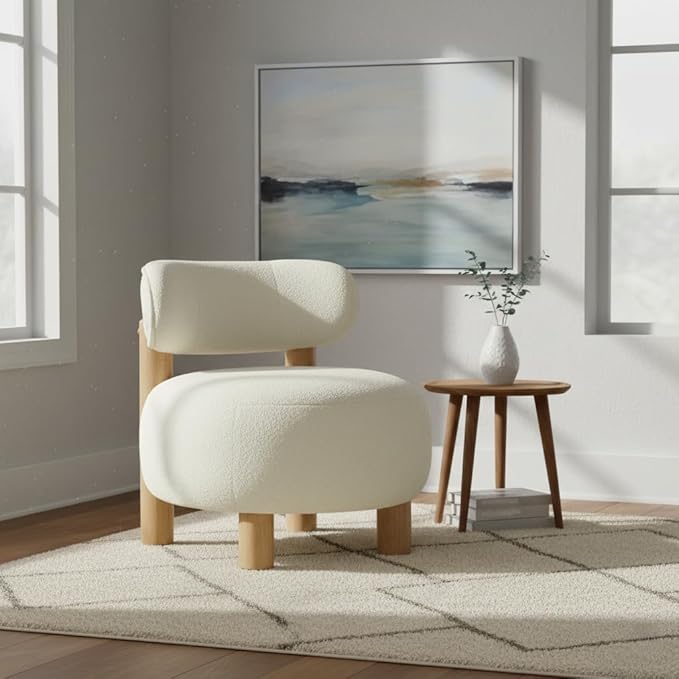 Modern Boucle Accent Chair with Plush Faux Sherpa Upholstery Curved Backrest Solid Wood Legs for Living Room Bedroom Reading Nook 27.5 White