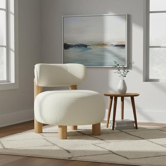 Modern Boucle Accent Chair with Plush Faux Sherpa Upholstery Curved Backrest Solid Wood Legs for Living Room Bedroom Reading Nook 27.5 White