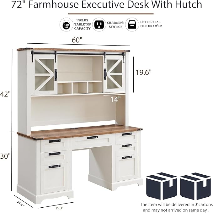 RedLemon 60 Farmhouse Desk with Hutch Wood Home Office Executive Desk with Drawer Charging Station Keyboard Tray File Drawer Storage Cabinet Rustic Writing Computer Desk (Antique White)
