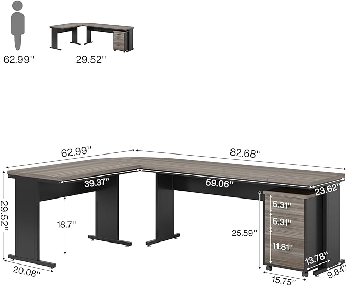 Tribesigns 83 L-Shaped Executive Desk Reversible Modern Office Desk with Drawers &amp Rolling File Cabinet Large Corner Computer Desk Business Workstation for Home Office (Gray)