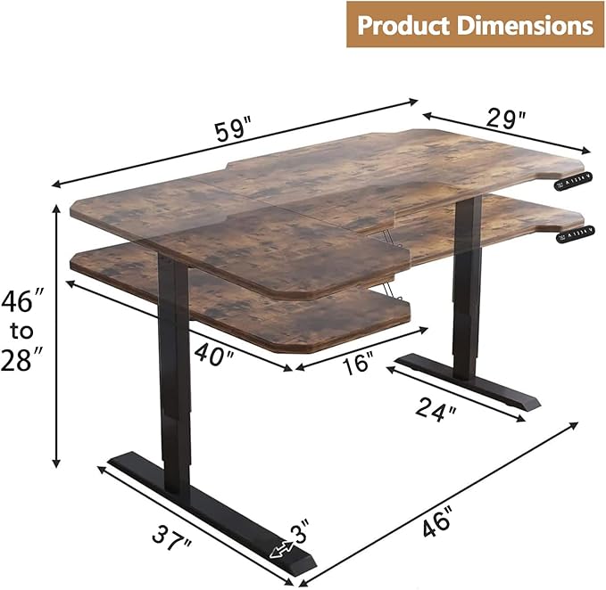 59 L-Shaped Standing Desk Height Adjustable Electric Corner Desk with Wheels Ergonomic Rising Computer Table for Home Office (Rustic Brown)