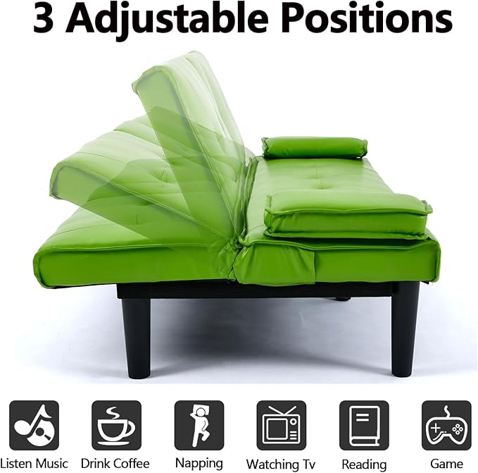 Green Futon Couch &amp Convertible Futon Sofa Bed for Small Space 67 Loveseat Couches with Removable Armrests &amp 2 Cup Holders for Living Room Bedroom Dorm Apartment Easy Assemble (Green)