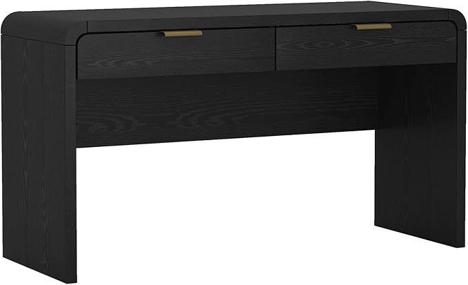 Manhattan Comfort Grace 54 Modern Office Desk with 2 Drawers Wood Table with Metal Recessed Handles for Work from Home Study Craft Stylish Executive Desk Black and Gold