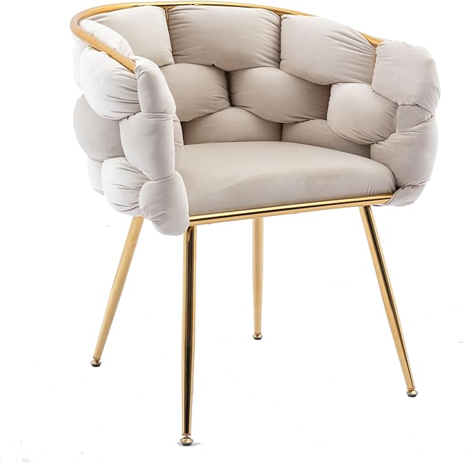 HomVent Makeup Desk Chair Vanity ChairLuxury Knitting Home Office Chair with Arms and Golden Metal Leg for Bedroom Living Room Vanity Dining Room