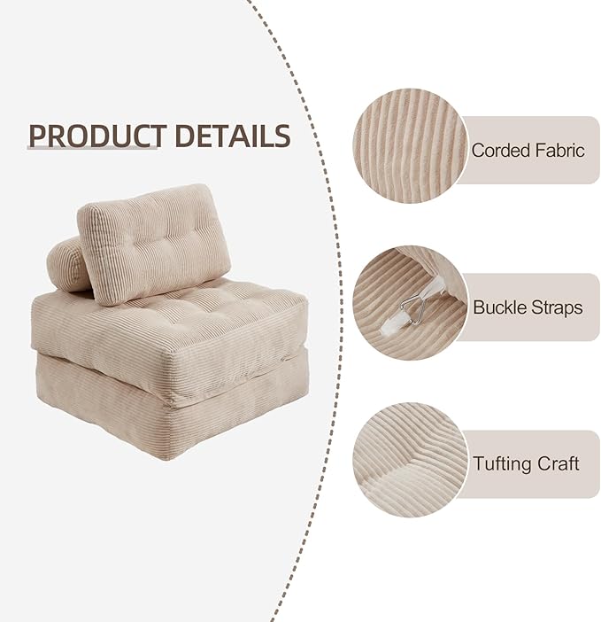 MELLCOM Foldable Sofa Bed - Adjustable Convertible Chair Tufted Sleeper Couch Portable Folding Lounge Sofa Foam-Filled Pull-Out SofaBed for Living Room Bedroom Cream White